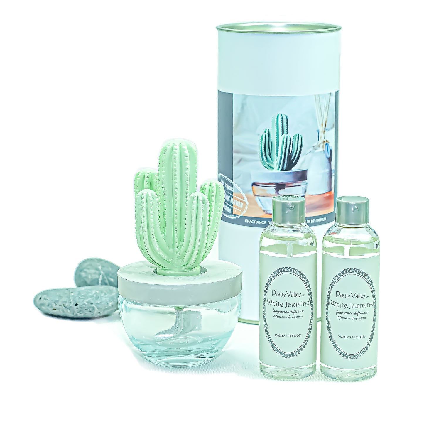 Pretty Valley Home Cactus Ceramic Flower Fragrance Diffuser Set White Jasmine 200ml