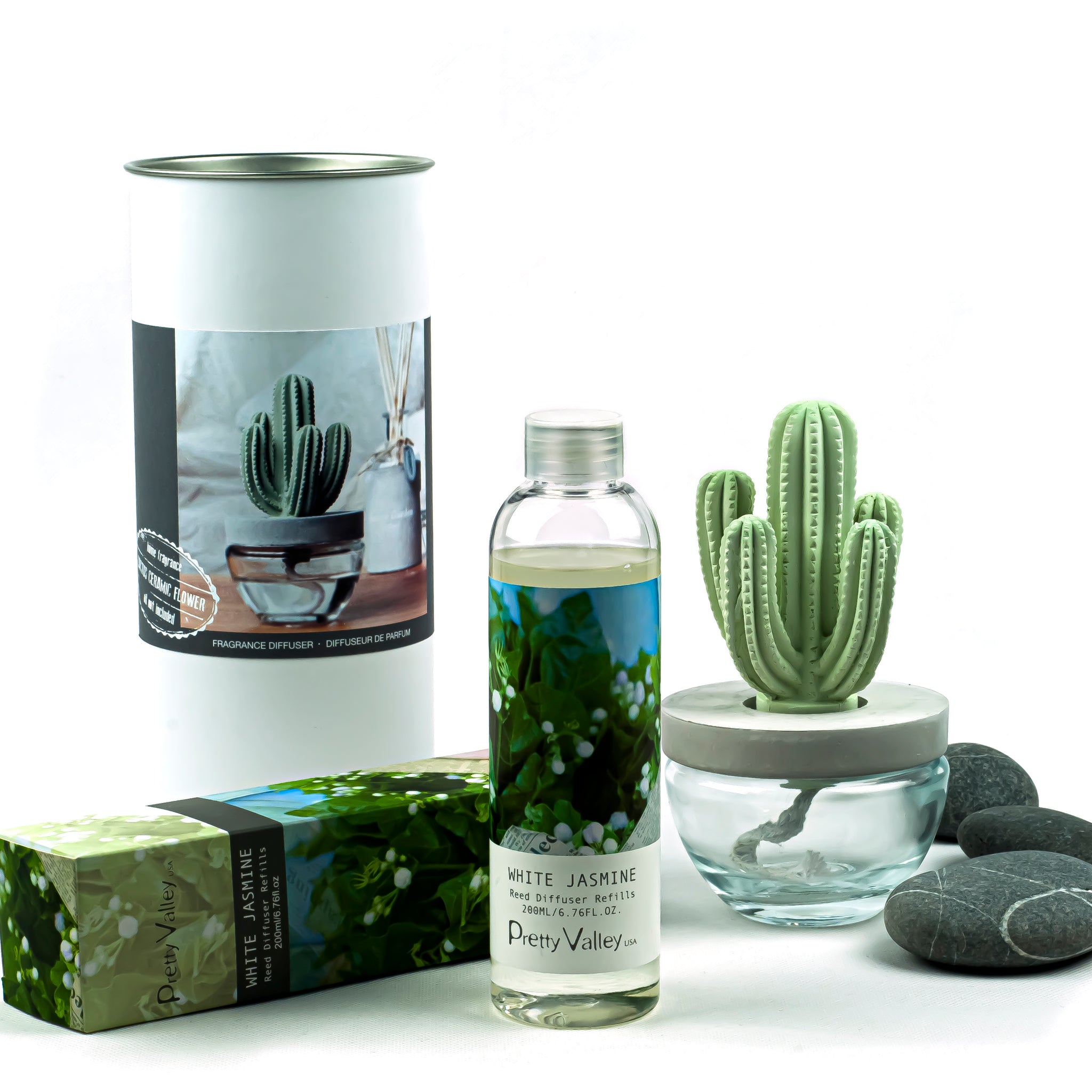 Cactus Ceramic Flower Fragrance Diffuser Set White Jasmine 200ml DFC-CAC-1314