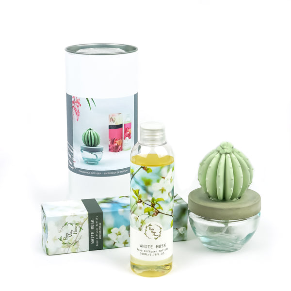 Barrel Cactus Ceramic Flower Fragrance Diffuser Combo White Musk 200ml DFC-BRL-9134