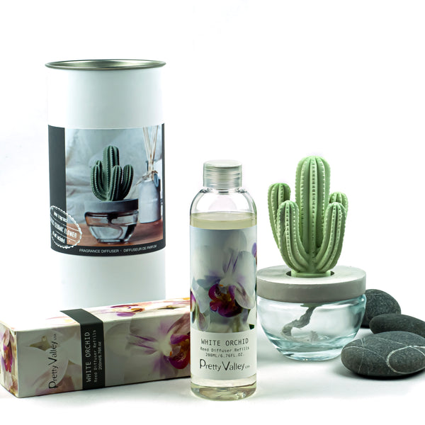 Cactus Ceramic Flower Fragrance Diffuser Set White Orchid 200ml DFC-CAC-1314